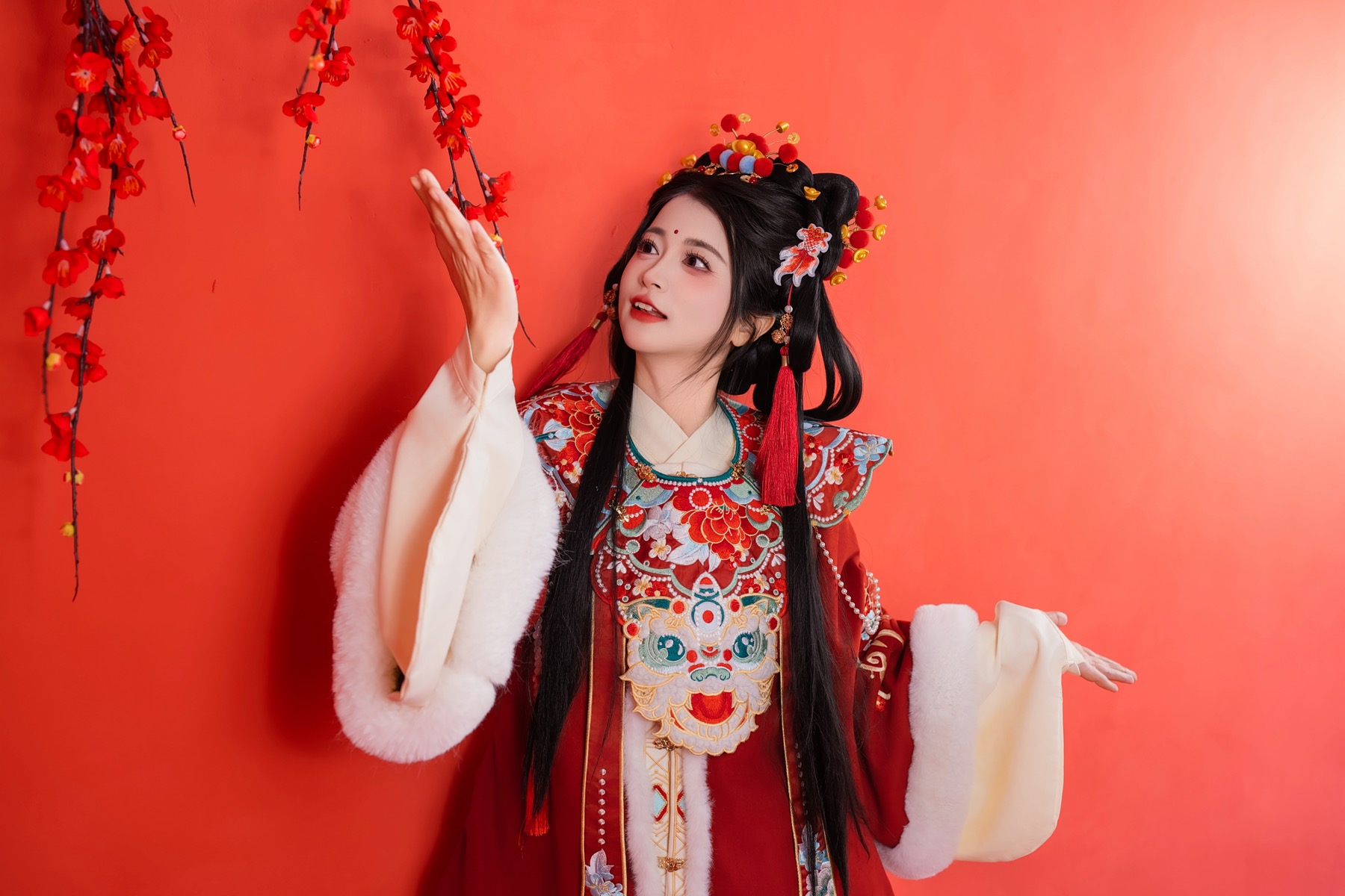 Lucy Liu wearing traditional Ming Dynasty style Hanfu in Shawan Ancient Town, Guangzhou with historic wok-ear grey brick architectural background