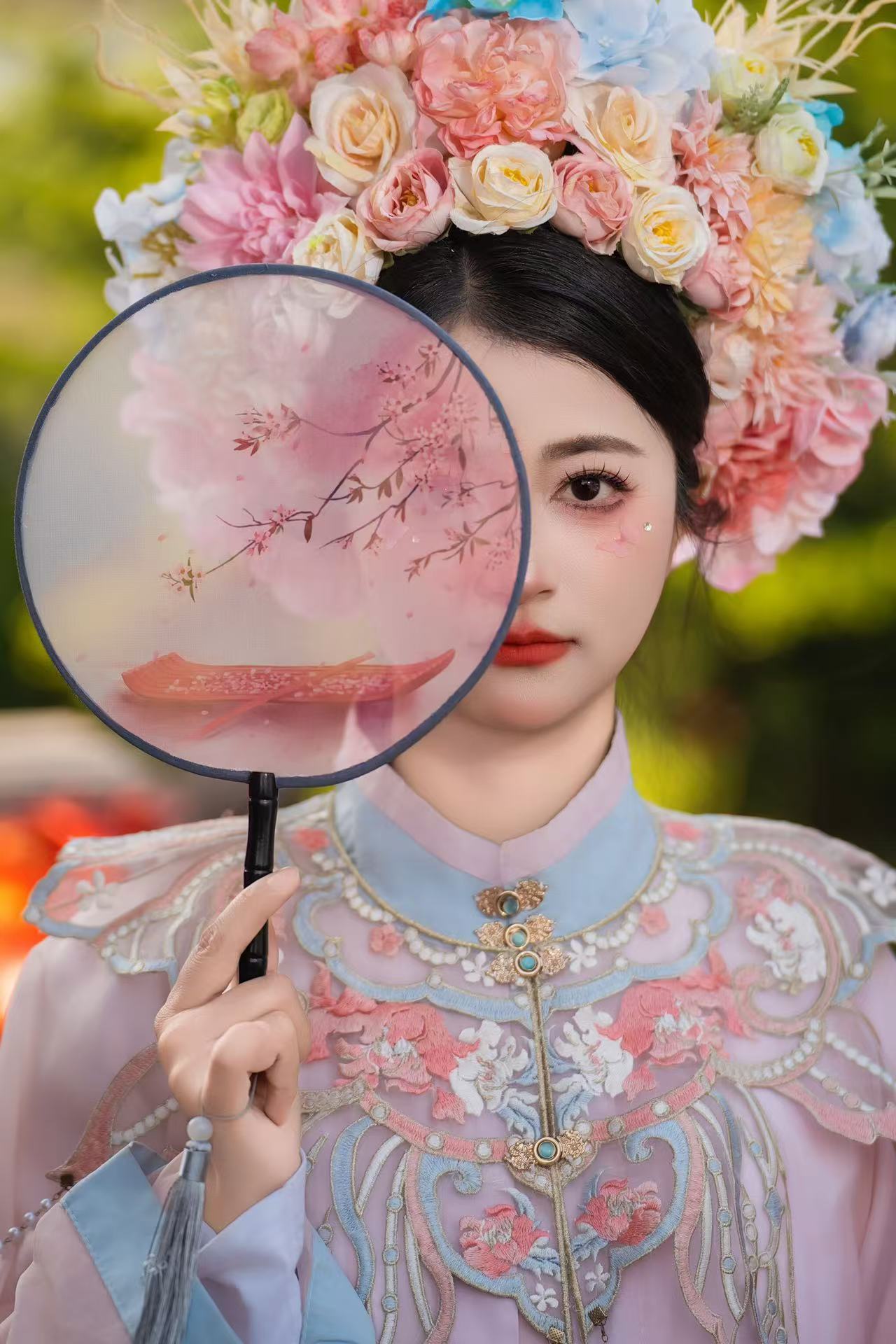 Portrait of Lucy Liu featuring traditional Zanhua floral hair crown styling in Shawan Ancient Town, Panyu Guangzhou